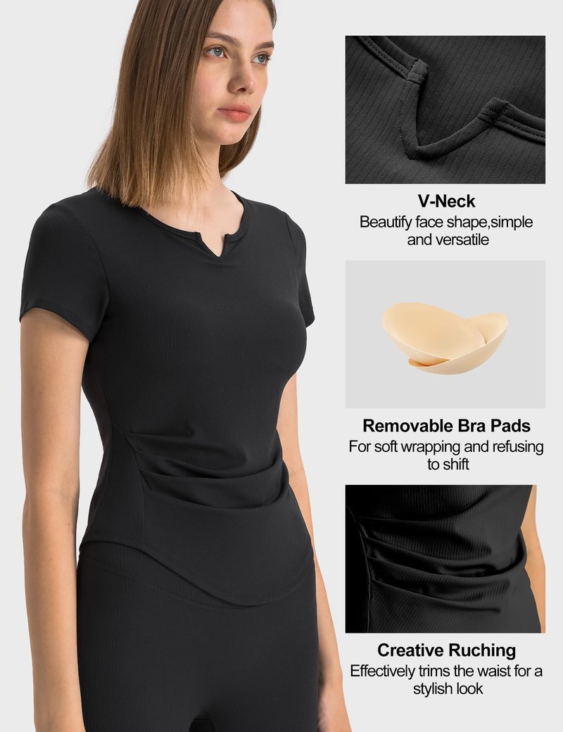 Workout Tops for Women Breathable Short Sleeve Athletic Tee V-Neck Slim Cutting Summer Running Gym Fitness Yoga Sports T-Shirt Black M