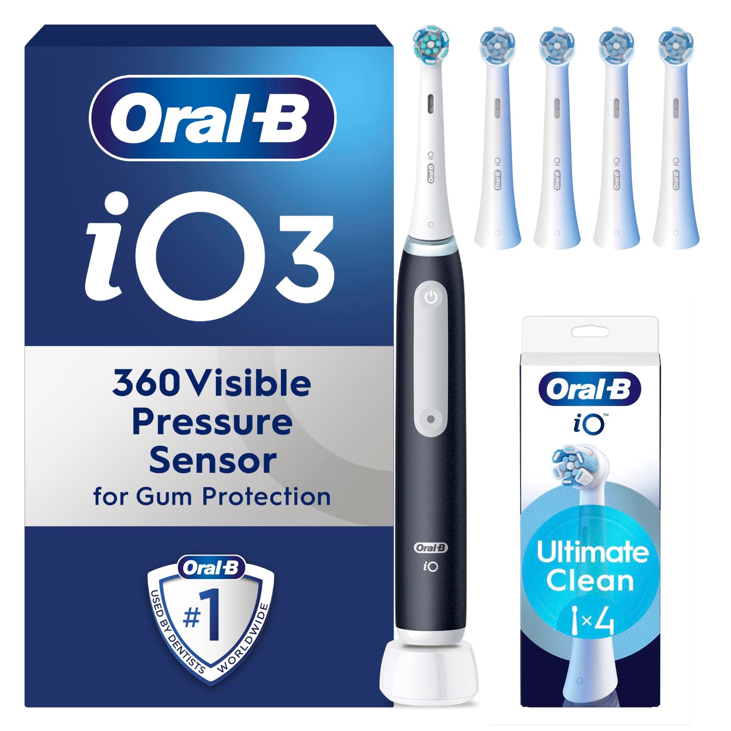 Oral-B iO3 Electric Toothbrushes Adults, 5 Toothbrush Heads, 3 Modes With Teeth Whitening, 2 Pin UK Plug, Black