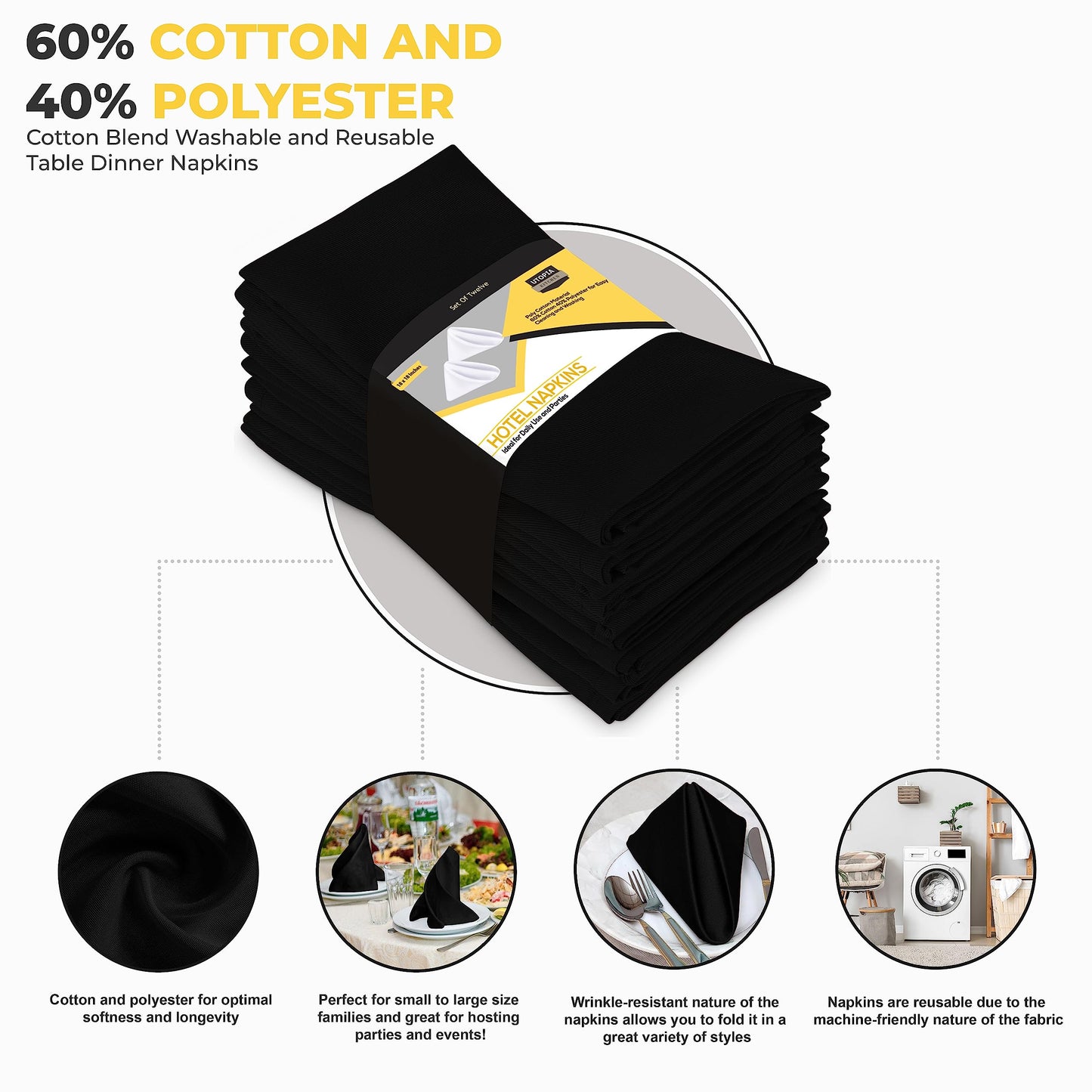 Utopia Kitchen Cloth Napkins [12 Pack] 46x46cm, Cotton Blend Washable and Reusable Table Dinner Napkins for Hotel, Lunch, Restaurant, Weddings, Event and Parties (Black)