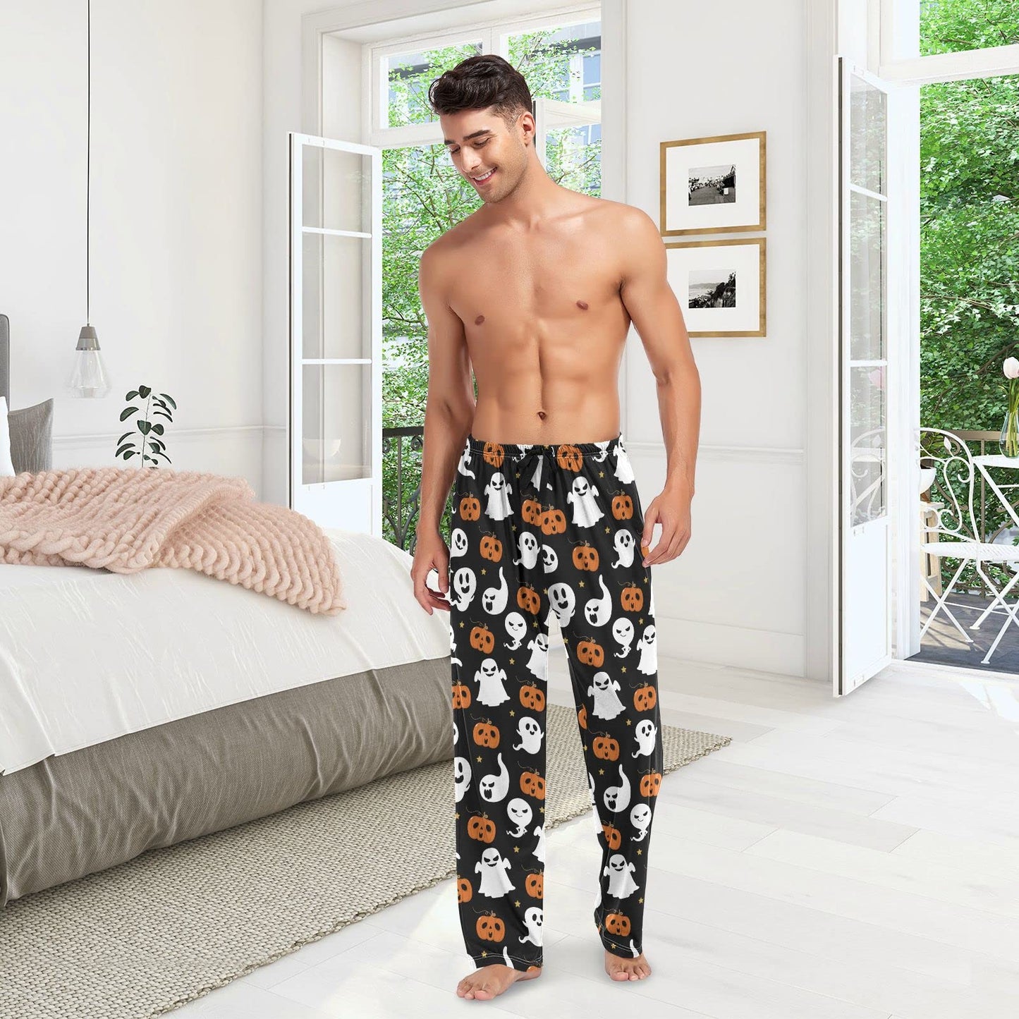 Ollabaky Halloween Men's Pajama Pants Cute and Scary Ghost Pumpkin Pjs Bottoms Sleep Lounge Pants for Men, L