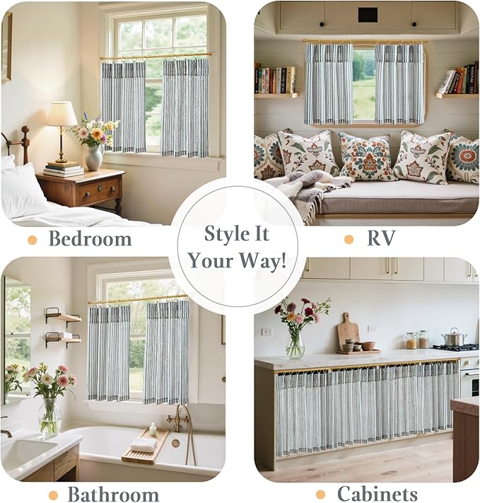 jinchan Striped Linen Kitchen Curtains with Attached Valance 24 Inch Length Cafe Tier Curtains for Living Room Rustic Half Window Light Filtering Rod Pocket Small Drapes 2 Panels Blue