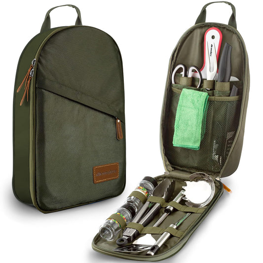 12 Piece Camp Kitchen Cooking Utensil Set Travel Organizer Grill Accessories Portable Compact Gear for Backpacking BBQ Camping Hiking Travel Cookware Kit Water Resistant Case (Green)