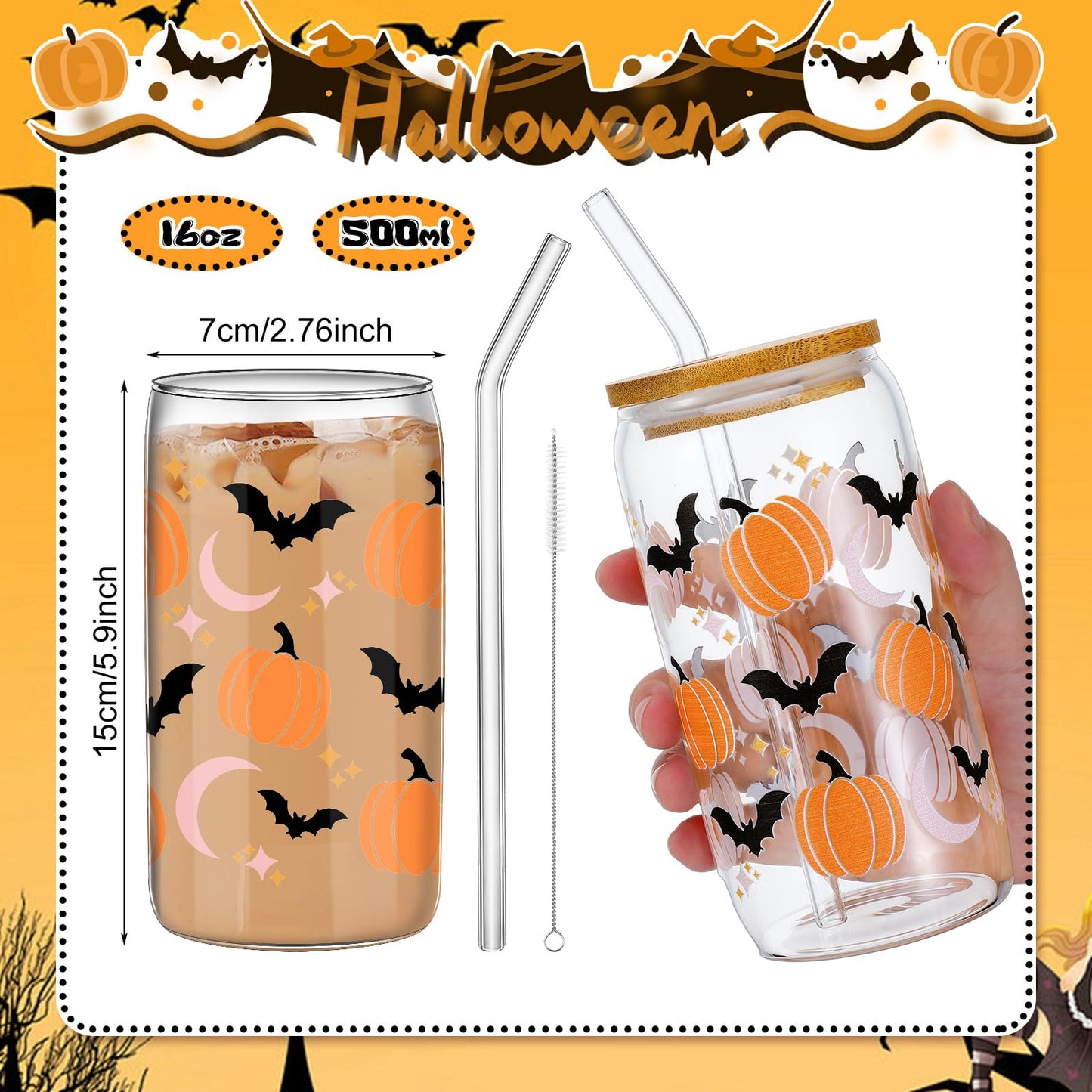 SiliFine 6 Pcs Halloween Drinking Glasses 16 oz Hearts Glass Cup with Bamboo Lid and Glass Straw Can Shaped Beer Glass Reusable Love Smoothie Cup for Women Teenager Valentine Party Birthday Gift