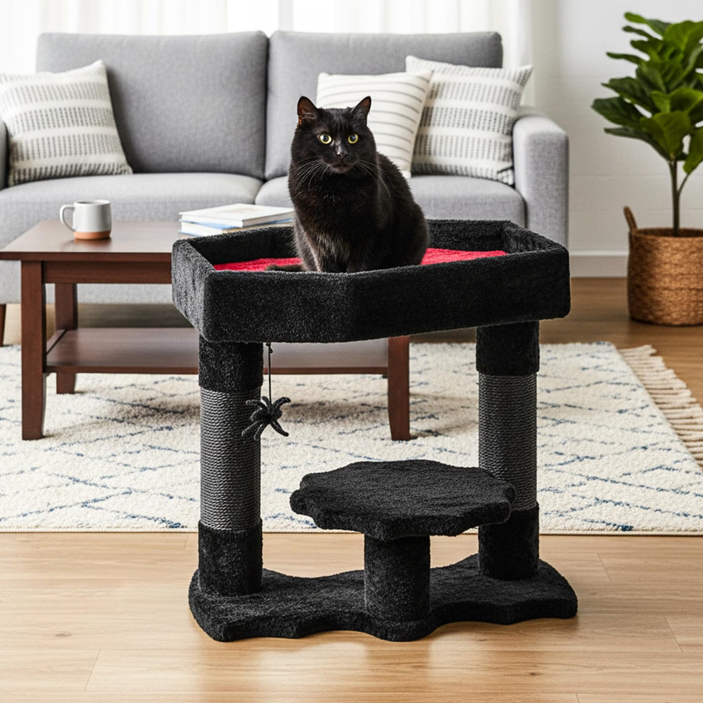 BEWISHOME Cat Tree Tower for Indoor Gothic Cat Trees with Coffin Bed, Halloween Cat House with Scratching Posts, Cat Shelves with Spider Toy, Spooky Coffin Black with Red, Small MMJ91R