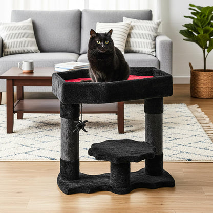 BEWISHOME Cat Tree Tower for Indoor Gothic Cat Trees with Coffin Bed, Halloween Cat House with Scratching Posts, Cat Shelves with Spider Toy, Spooky Coffin Black with Red, Small MMJ91R