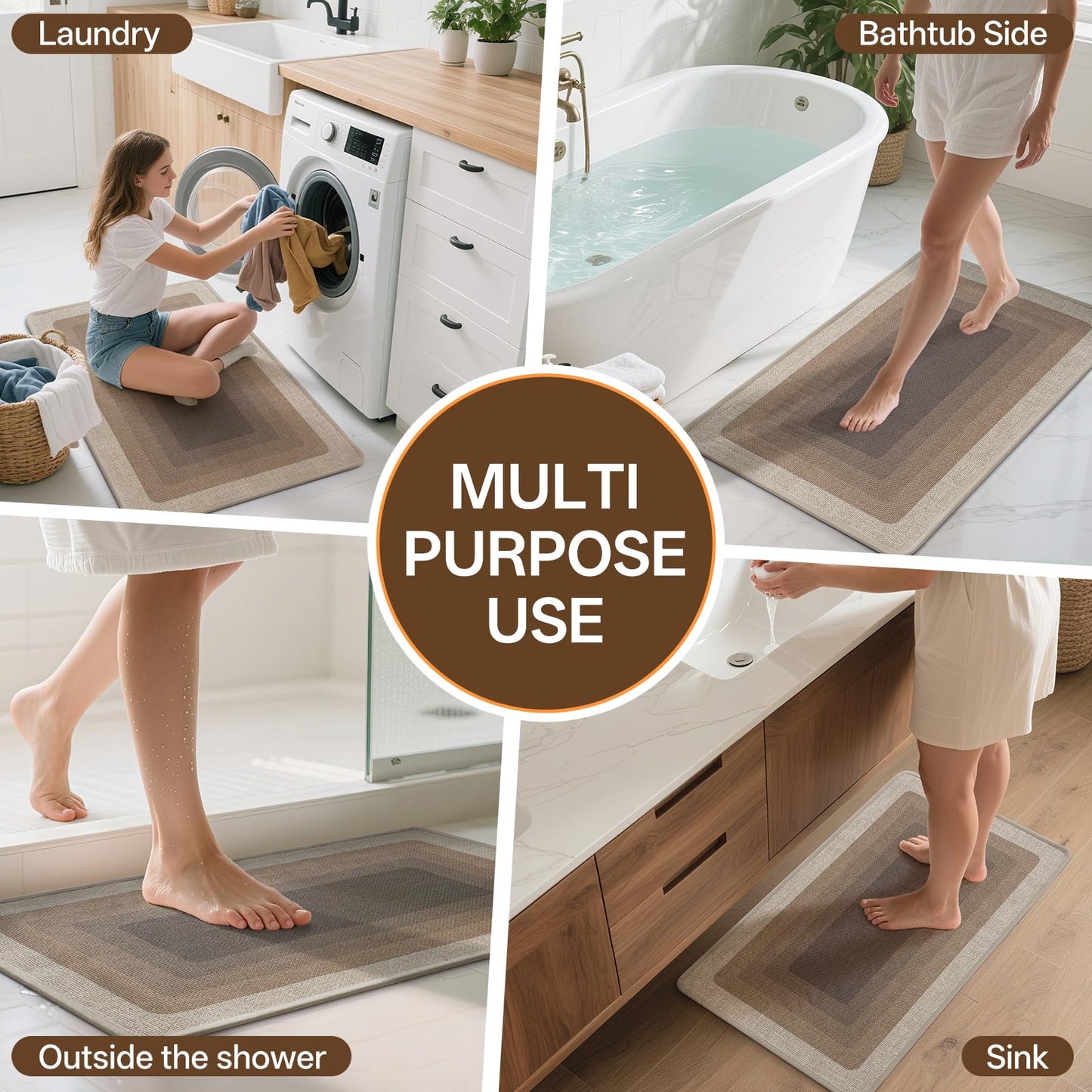 QiCaiJia Ultra Thin Bath Mat Bathroom Rugs, Quick Dry Super Absorbent Washable Bath Shower Mats, Rubber Backing Non Slip Bathroom Rug Fit Under Door, Brown 16x24