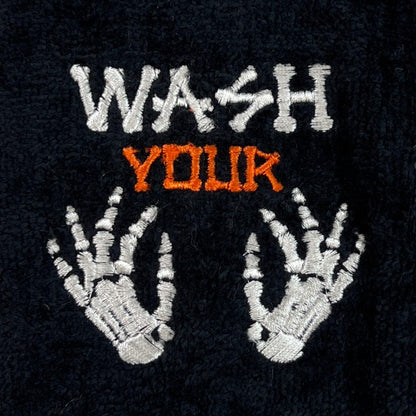 Halloween Fingertip Bathroom Towels Set of 2 – 12" x 18" Black 100% Cotton with Funny “Wash Your Hands or Bones” Design – Spooky & Humorous Bathroom and Kitchen Decor