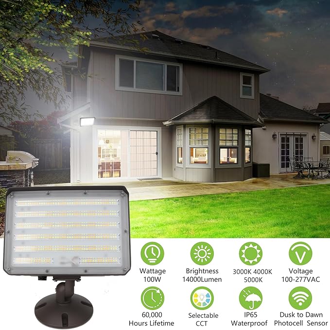 1Pack-Dusk to Dawn Outdoor 100W LED Flood Light with Knuckle&Plate, 3000K/4000K/5000K Color Selectable, 14000LM 1000W Equiv., ETL Commercial LED Floodlight, Outdoor Security Lighting for Parking Lot