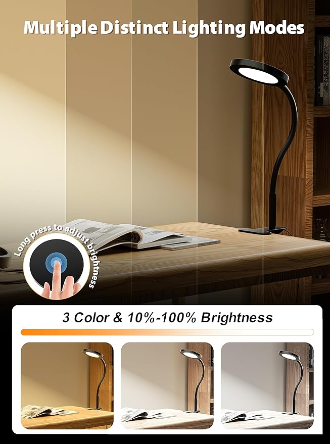 deeloop Clip on Light Infinite Dimmable Reading Lights for Books in Bed Headboard, 450LM Touch Control Clip Reading Lamp, Eye Care 3 Color Temperature Flexible Gooseneck for Bedside Night Light Black