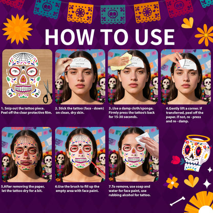 18 Pack Day of the Dead Face Tattoos, Sugar Skull Catrina Makeup Kit, Halloween Mask Temporary Tattoo Stickers, Skeleton Paint Dia de los Muertos Decorations, Accessories, Favors & Costumes