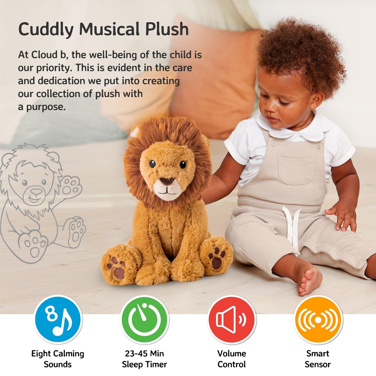 Cloud b Louis Lion - Award-Winning Plush Soothing White Noise Machine Baby Sleep Aid | Soft, Cuddly Comfort | Smart Sensor & Auto Shut-Off