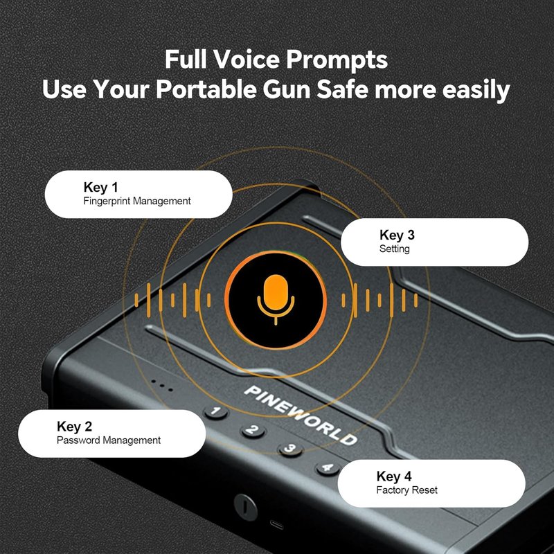 Biometric Gun Safe for Handgun - Quick Access Pistol Safe with Fingerprint & Voice Navigation | Interior Light, Mute Mode, Steel Cable Included