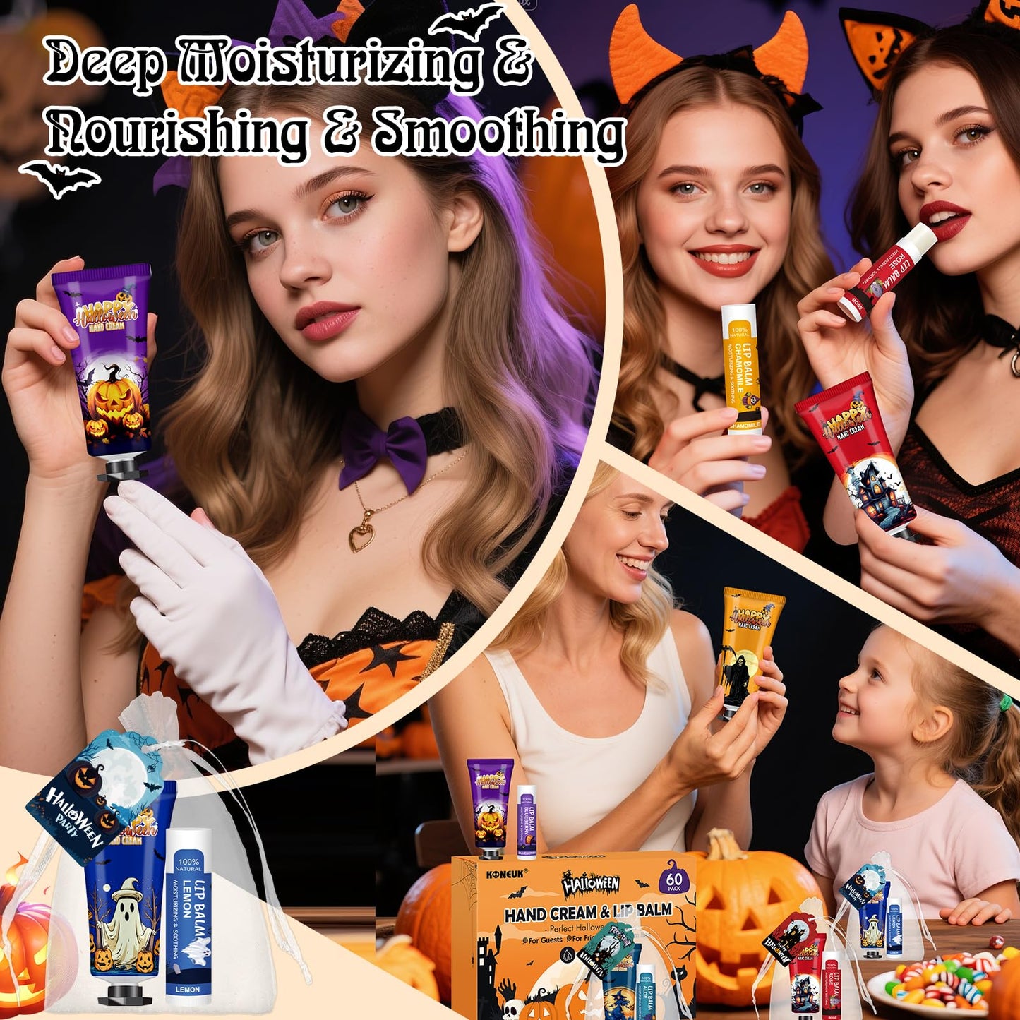 60 Pack Halloween Hand Cream and Lip Balm Set for Women, Bulk Hand Lotion for Halloween Gifts, Halloween Party Favors, Party Supplies, Decorations, Goodie Bags with Halloween Card and Organza Bags