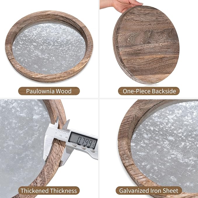 Hanobe Round Wood Decorative Tray: Rustic Wooden Trays for Coffee Table Farmhouse Centerpiece - Vintage Mirror Candle Tray for Home Decor Ottoman Bathroom Kitchen Organizer