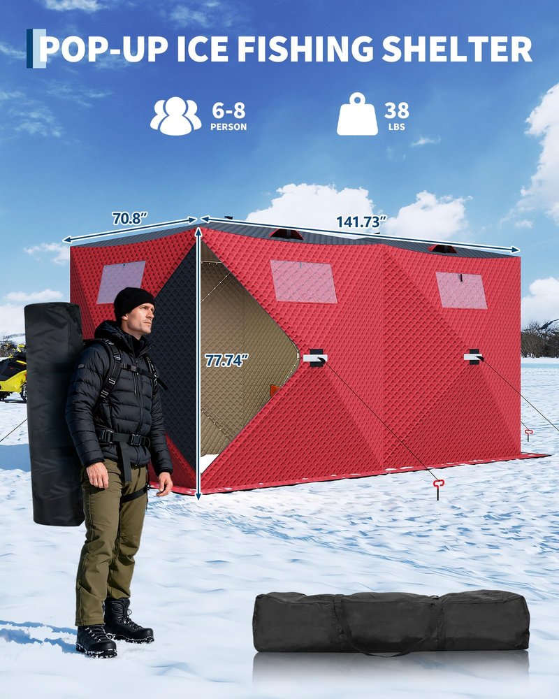 FinerFurnis Insulated Pop-Up Ice Fishing Tent for 6-8 Persons – Portable Winter Shelter – Windproof & Warm – Zippered Door, Anchors, Carry Bag – Large Size for Group Ice Fishing