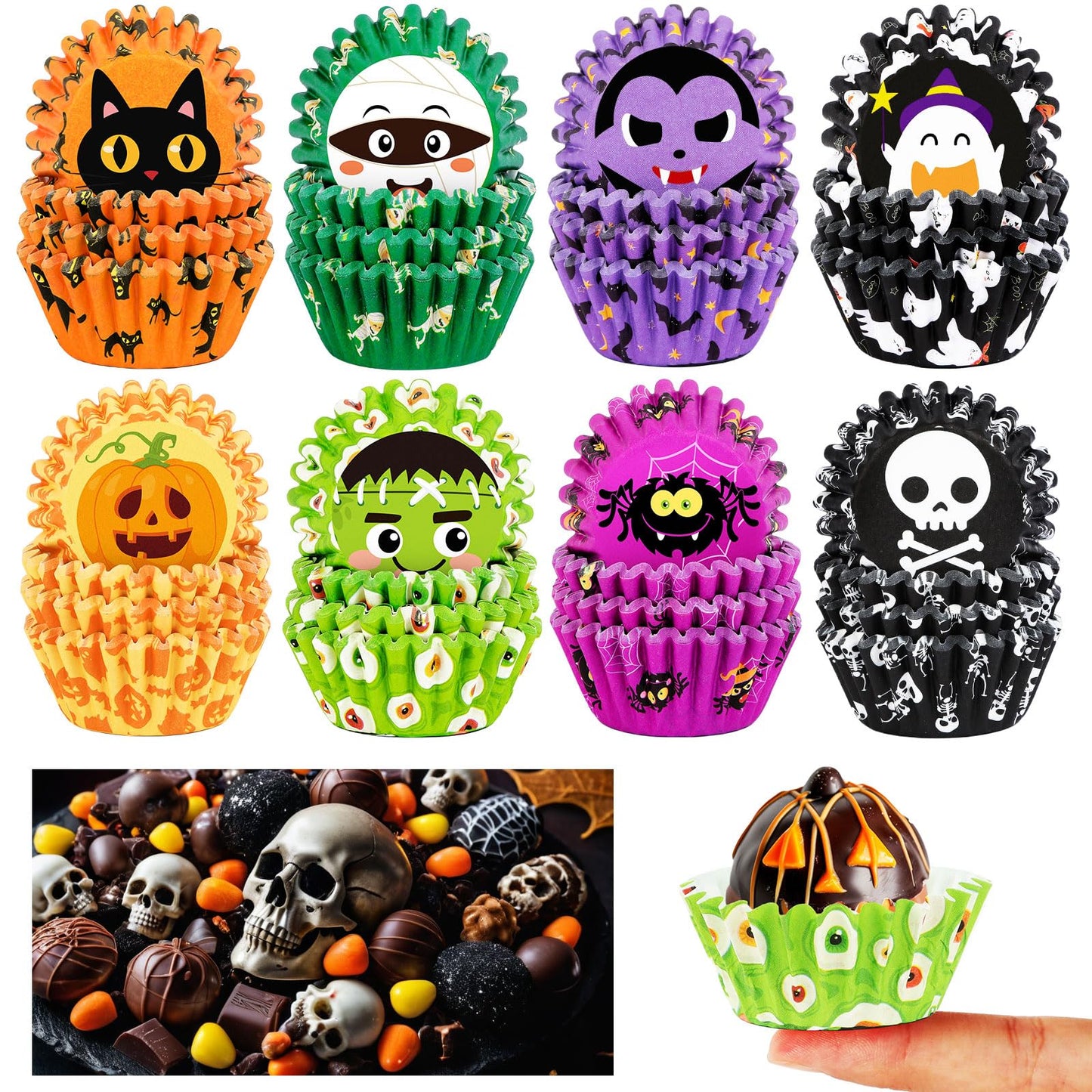 AUGSUN 800pcs Halloween Mini Cupcake Liners Paper Cups Ghost Pumpkin Spider Mini Muffin Liners for Halloween Party Candy Cupcake Decorations Supplies(8 Designs)