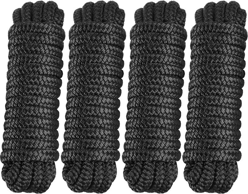 PACTHSD 4 Pack 3/8" x 20' Dock Lines - Marine Grade Nylon Boat Rope with 12" Loop for Docking and Mooring - Double Braided Boat Lines, High Strength, Easy Handling, Fray Resistant - Black