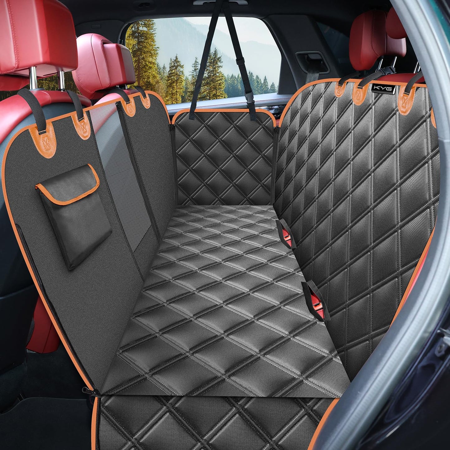 KYG Dog Hammock for Car Back Seats with Side Protection and Mesh Visual Window, Durable Scratch Proof and Waterproof Pet Seat Cover for Cars/Trucks/SUV, 135 x 148 cm, Black&Orange