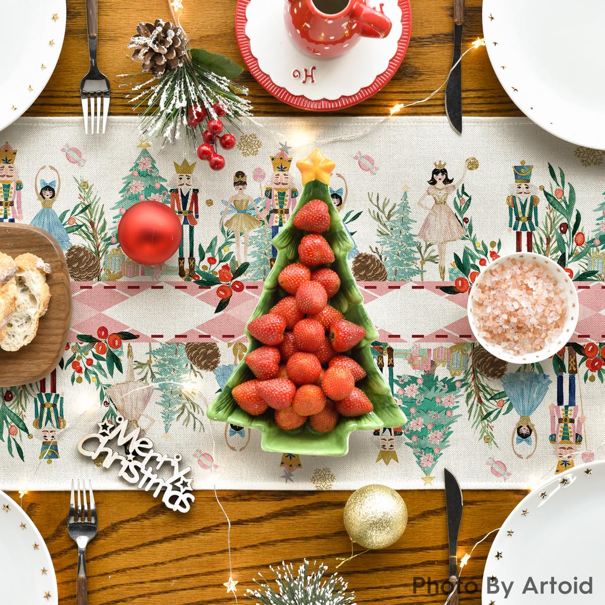 Artoid Mode Nutcracker Floral Holly Christmas Table Runner, Seasonal Winter Kitchen Dining Table Decoration for Home Party Decor 13x48 Inch
