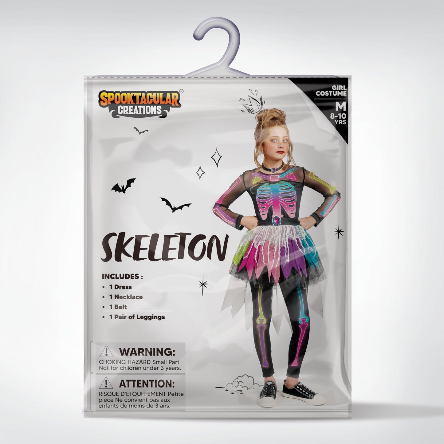 Spooktacular Creations Funky Skeleton Tutu Dress for Girls, Punky Bones Colorful Skeleton Costume for Halloween Dress Party-S