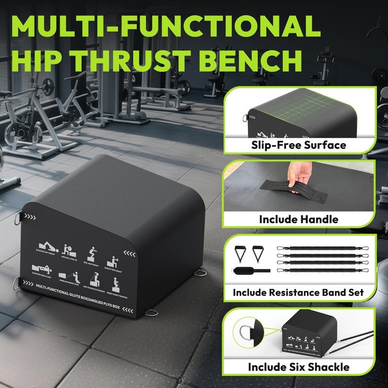 HANDBODE Hip Thrust Bench, Multi-Functional Slip-Free Hip Thrust Machine for Glute Bridge, Box Jump, Push-Ups, Squat, Ab Exercise, Suitable for Home & Gym, Includes 4ft Olympic Bar