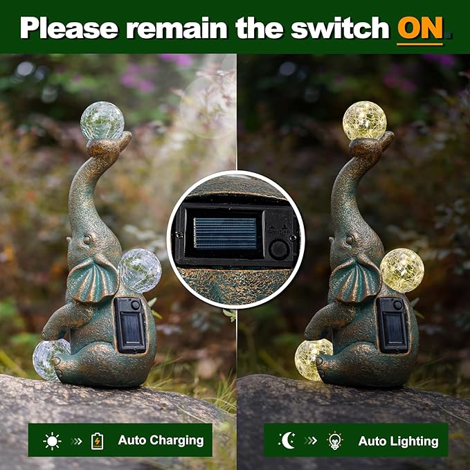 MININOVA Solar Elephant Garden Statue with Crackle Glass Ball (15 LED Lights) Resin Outdoor Decor for Patio, Yard & Lawn, Birthday, Housewarming Gifts for Grandma, Women