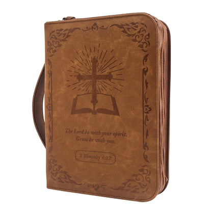 GraduatePro Bible Case Large Leather with Zip Handle for Men Women Book Bag Church Study Durable Christian Brown-Cross