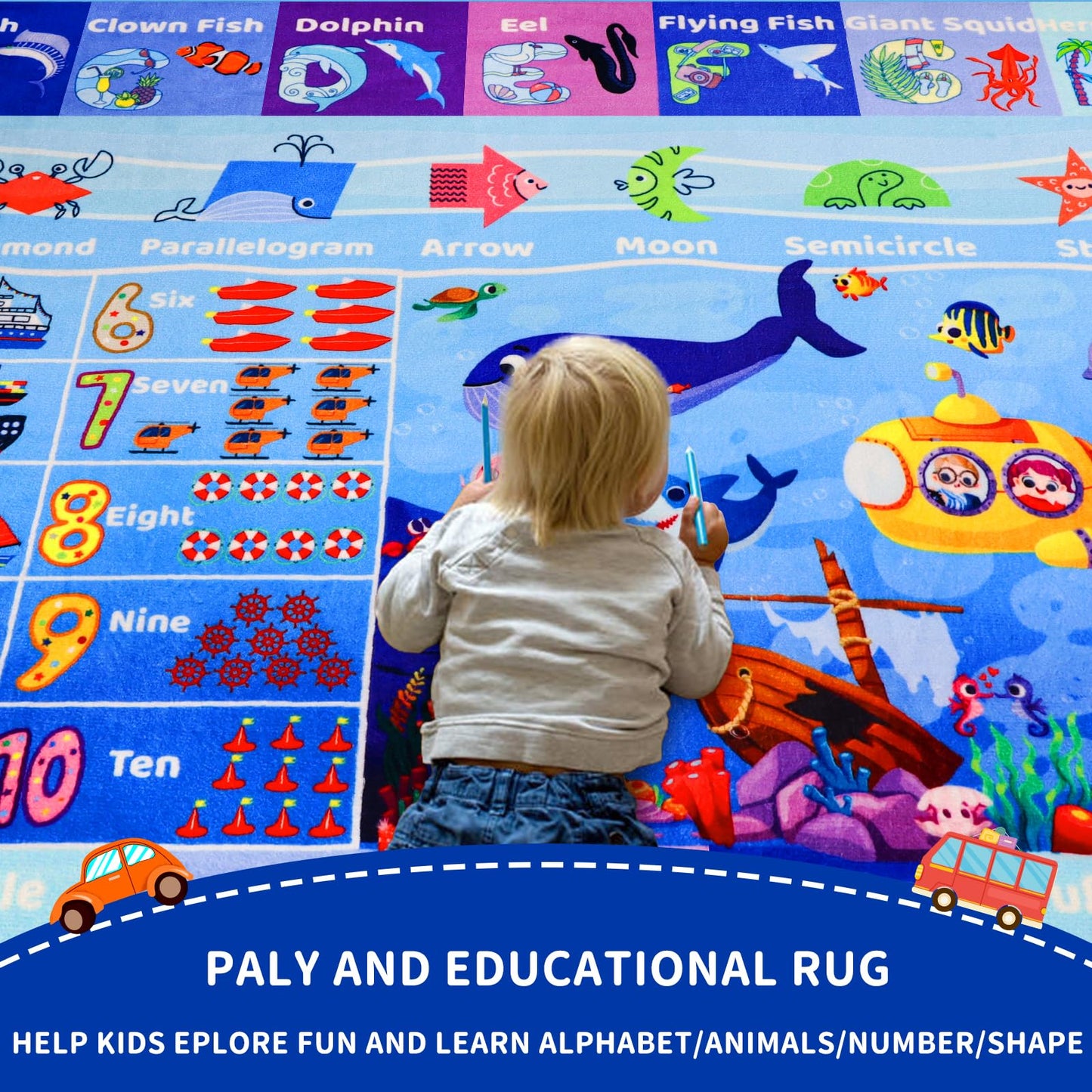 Mfmiudole Ocean Educational Kids Learning Rug with ABC Alphabet, Sea Animals, Numbers & Shapes, Interactive Preschool Play Carpet for Classroom Nursery Homeschool, Non-Slip Rug, 5' x 3'3"