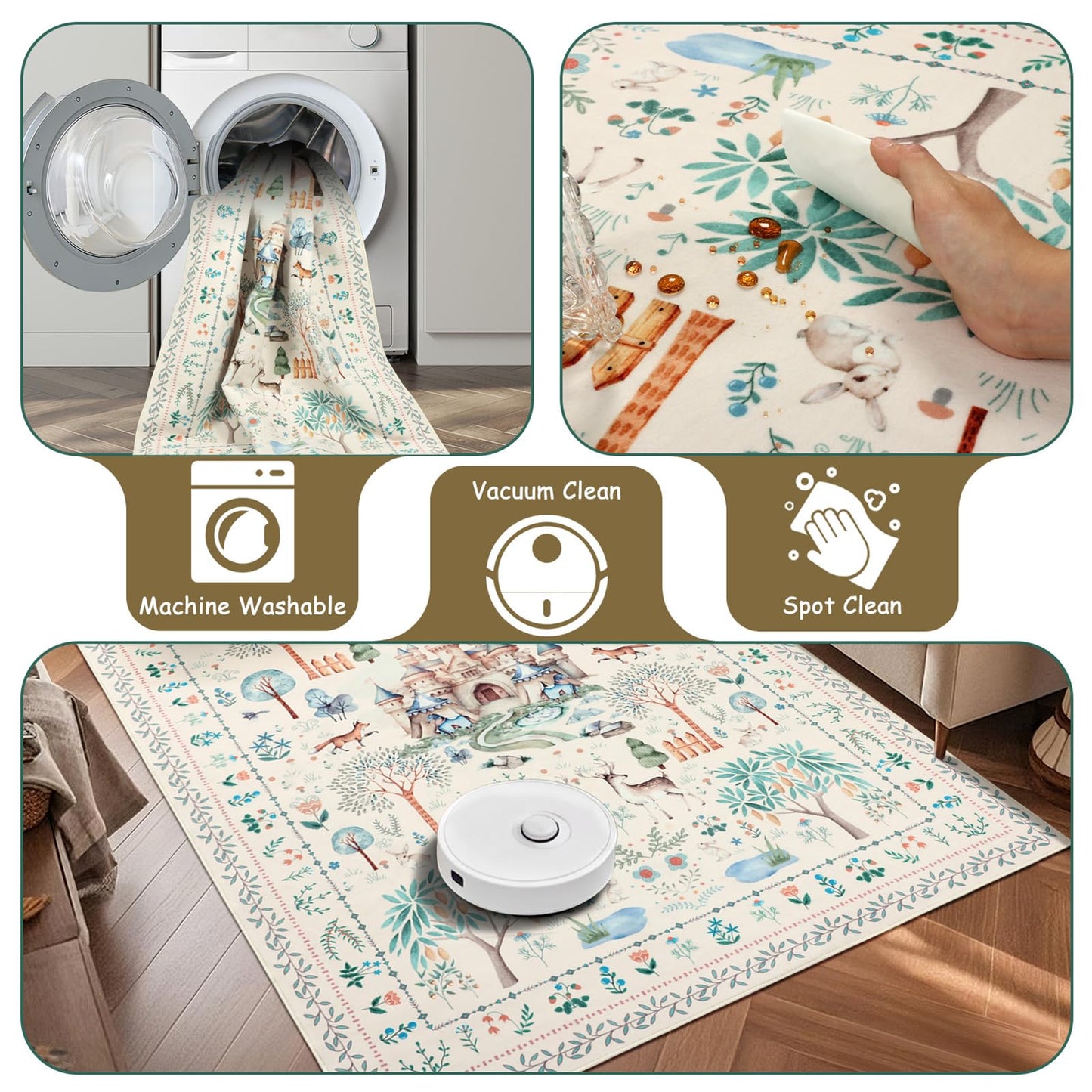 nesrt Washable Area Rugs for Living Room 5x7ft Beige, Soft Dragon Animal Print Bedroom Rugs Non Slip, Botanical Forest Kids Nursey Playroom Floor Carpets for Dining Room Farmhouse Home Office Decor