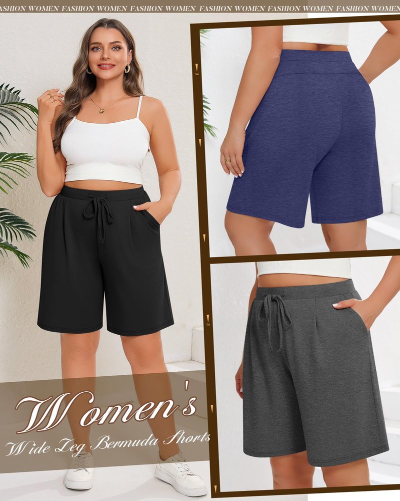 Huukeay 3 Pack Women's Plus Size Bermuda Shorts Casual Knit Drawstring Knee Length Walking Shorts with Pockets(Black,Heather Gray,Dark Blue,3X-Large)