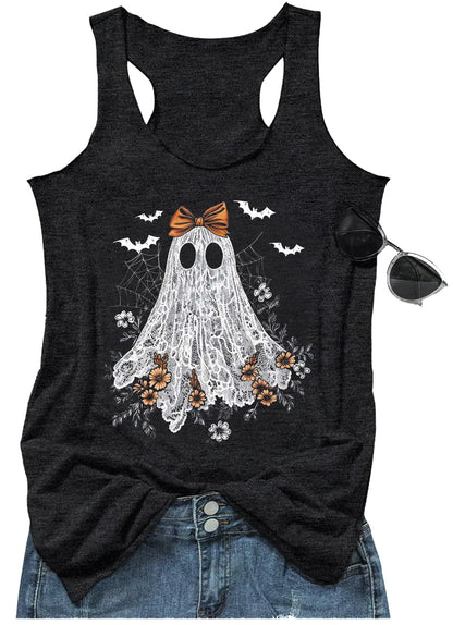 Spooky Season Shirts for Women Halloween Cute Graphic Tank Tops Ghost Tees Teen Girls Halloween Spooky Basic Outfit Tops(Spooky Grey,X-Large)