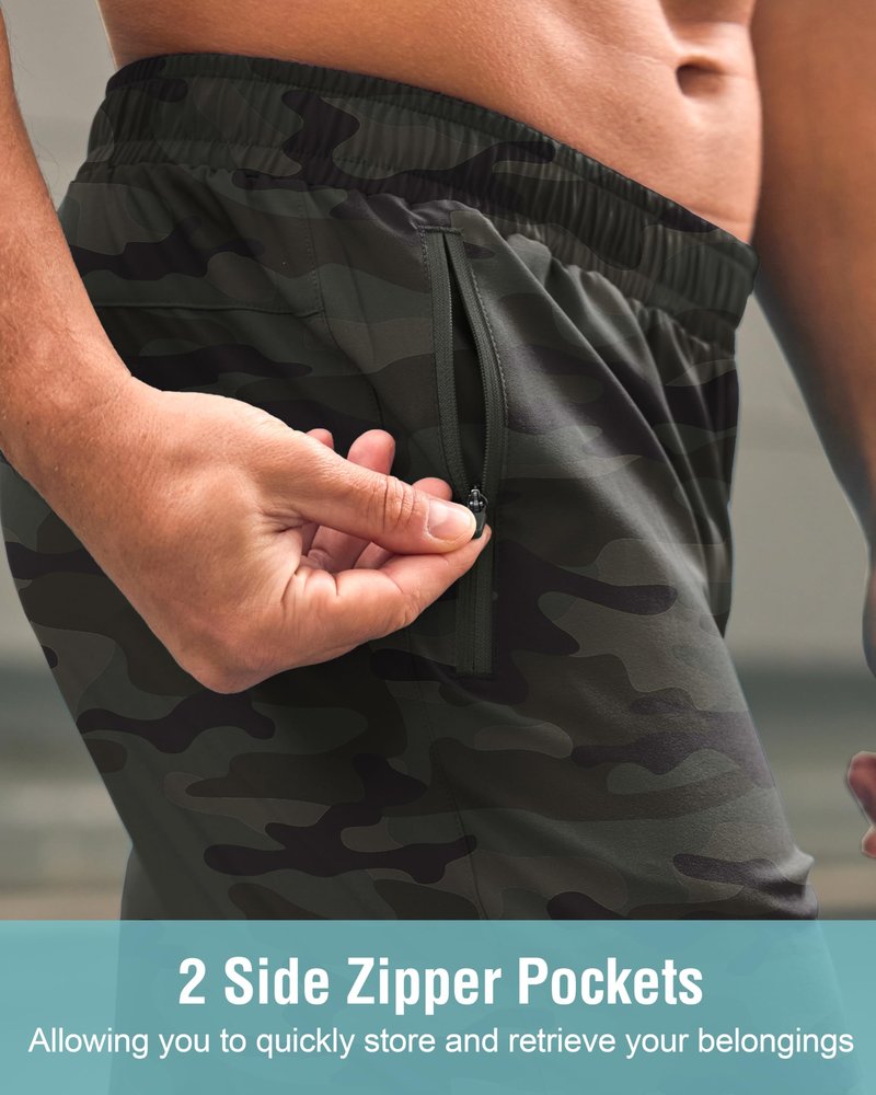 G Gradual Men's Athletic Running Shorts with Zipper Pockets Quick Dry 7"/ 5"/ 9" Workout Gym Shorts for Basketball Hiking(Green Camo,9M)