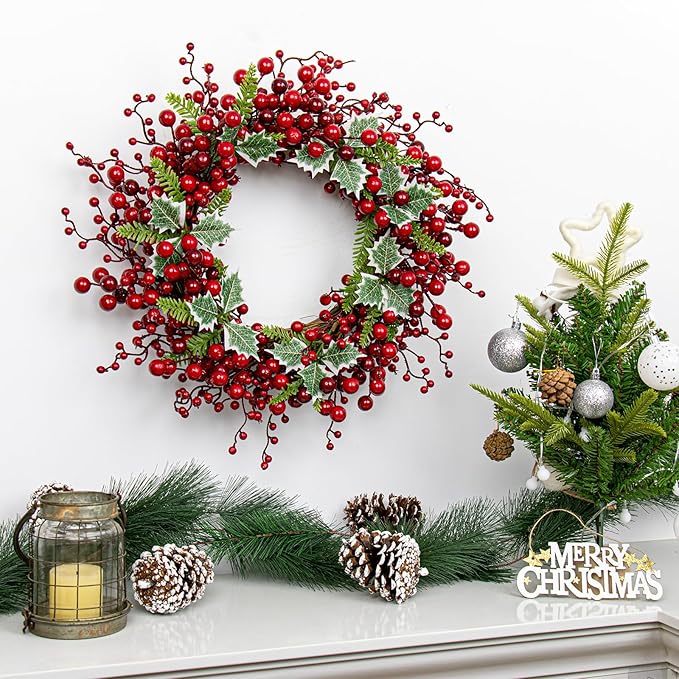 JINGHONG Artificial Christmas Wreath 20 Inch Christmas Wreaths for Front Door Red Berry Wreath with Holly Berries Leaves Pine Needles for Indoor Outdoor Xmas Winter Holidays