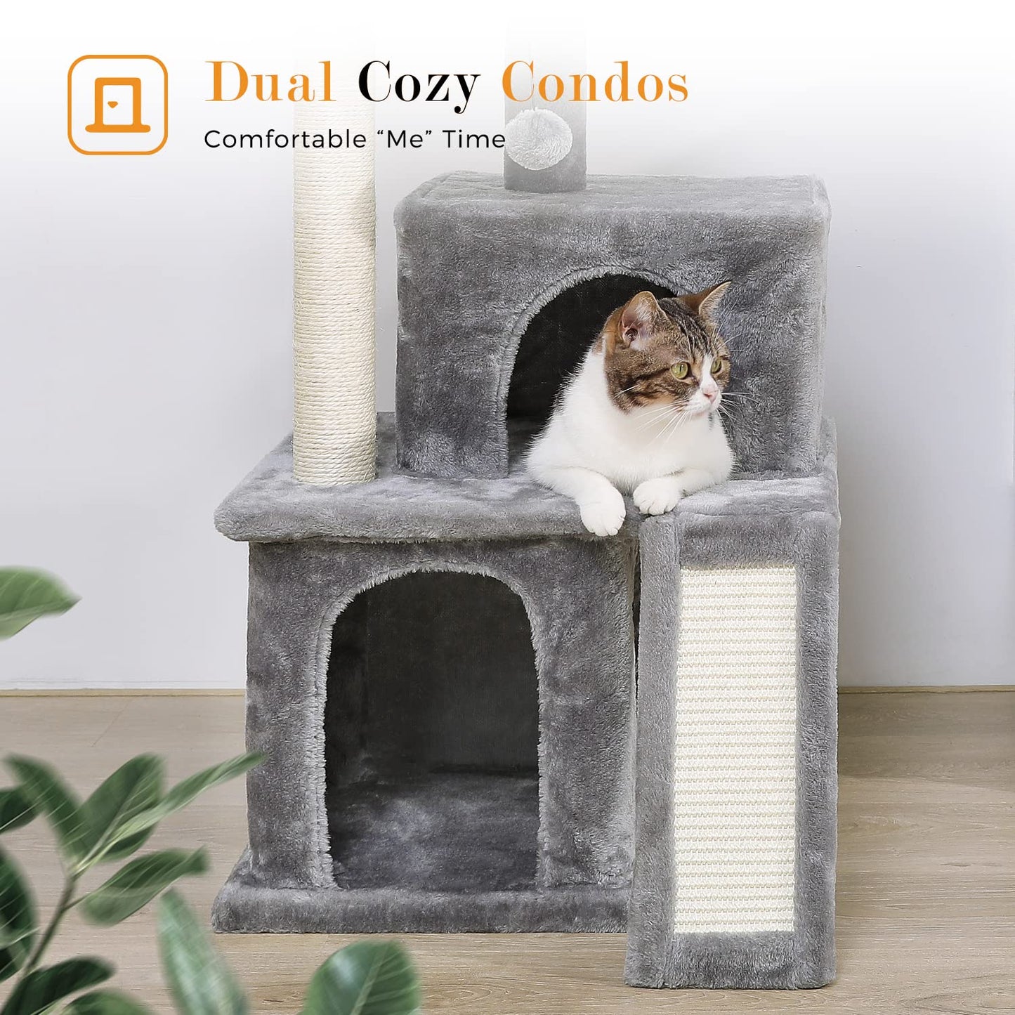 PETEPELA Cat Tree 90cm Cat Tower with Double Condos, Removable Spacious Perch, Fully Wrapped Scratching Posts for Indoor Cats, Replaceable Dangling Balls, 35 Inches Grey