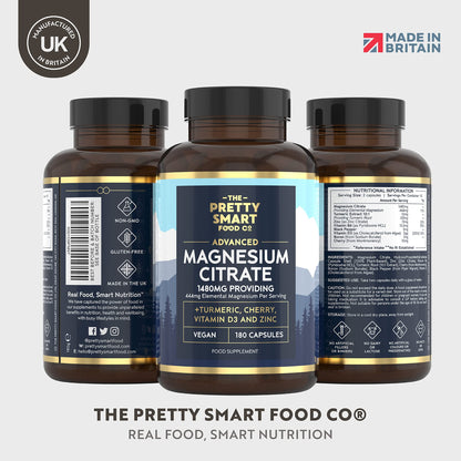 Magnesium Citrate 1480mg – 180 Vegan Magnesium Capsules not Magnesium Tablets – with Turmeric, Zinc, Vitamins D3 & B6 - High Absorption Premium Magnesium Supplements – 90 Day Supply – UK Made
