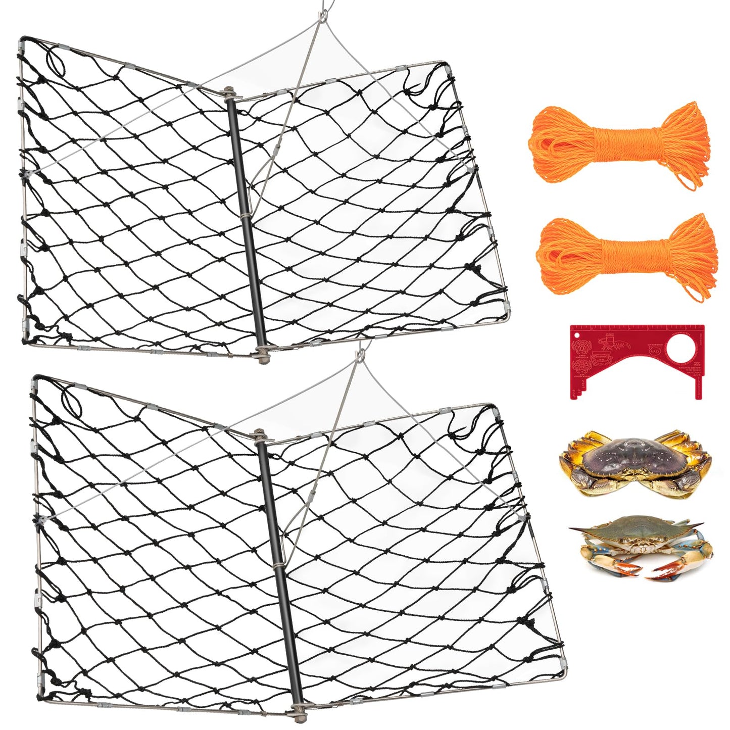 QualyQualy 2 Set Castable Crab Trap Kit, Foldable Crabbing Net with Rope & Bait Clip, Crab Snare/Pots/Traps for Blue Crabs, Dungeness, Crawfish Portable Crabbing Equipment