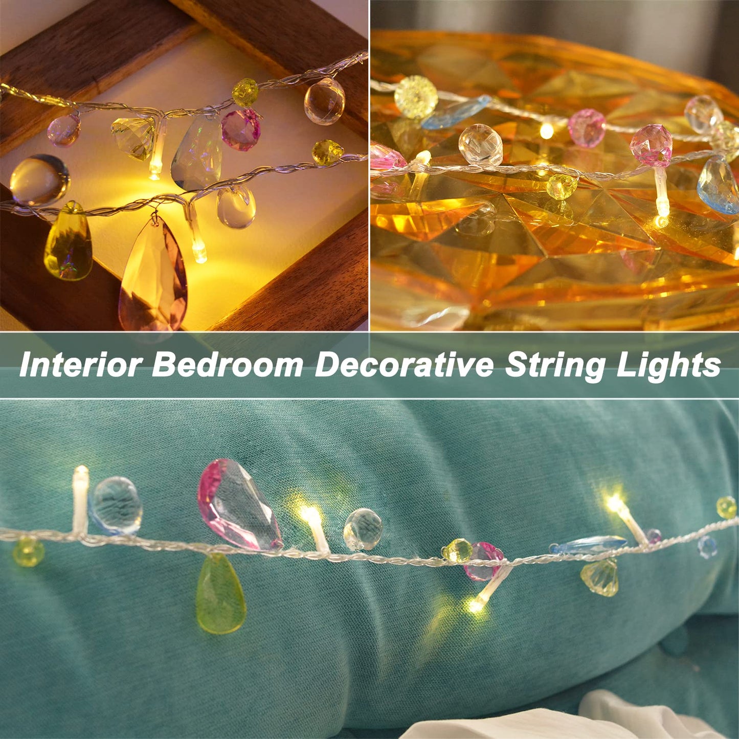 [Updated Version] Indoor House String Lights-Bohemia Style String with Jewels-Colorful Jewels LED Fairy Christmas Lights-Battery Powered-8 Mode- Remote-Timer30 Warm White LED Gift Lights for Girl