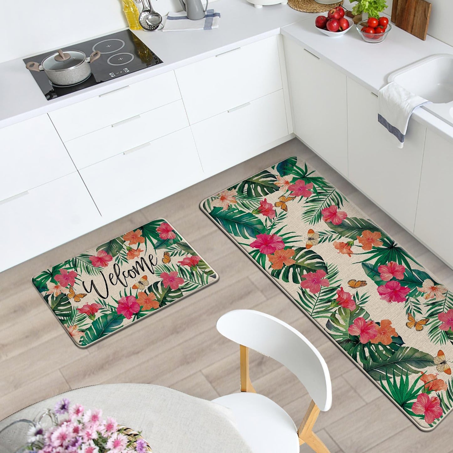 Livcoz Welcome Spring Summer Tropical Plants Kitchen Rugs Set of 2, Hibiscus Flower Palm Leaves Butterfly Floor Mats Home Decor, Floral Botanical Door Mat Decorations - 17x29 and 17x47 Inches