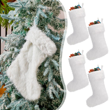 JOVITEC 4 Pcs 20 Inch White Christmas Stockings Faux Fur Snowy Christmas Stockings Xmas Fireplace Hanging Stocking Candy Gift Bags for Holiday Decorations
