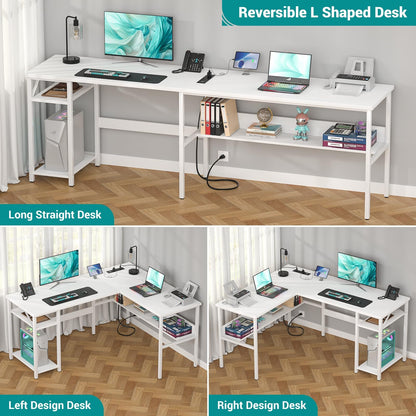 Hyomdeck Reversible L Shaped Gaming Desk with Power Outlets and USB Charging Ports, Sturdy Computer Desks with Storage Shelf, Modern Corner Desk Home Office Table, Easy to Assemble, White