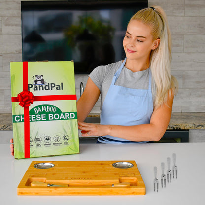 Bamboo Cheese Board with Knives & Bowls - Extra Large Wooden Cutting Board Platter for Wine & Charcuterie