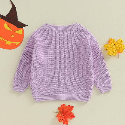 Baby Halloween Sweater Boy Girl Pumpkin Long Sleeve Crewneck Embroidery Knit Sweatshirt Toddler Pullover Tops (Ghoul Purple, 4-5 Years)
