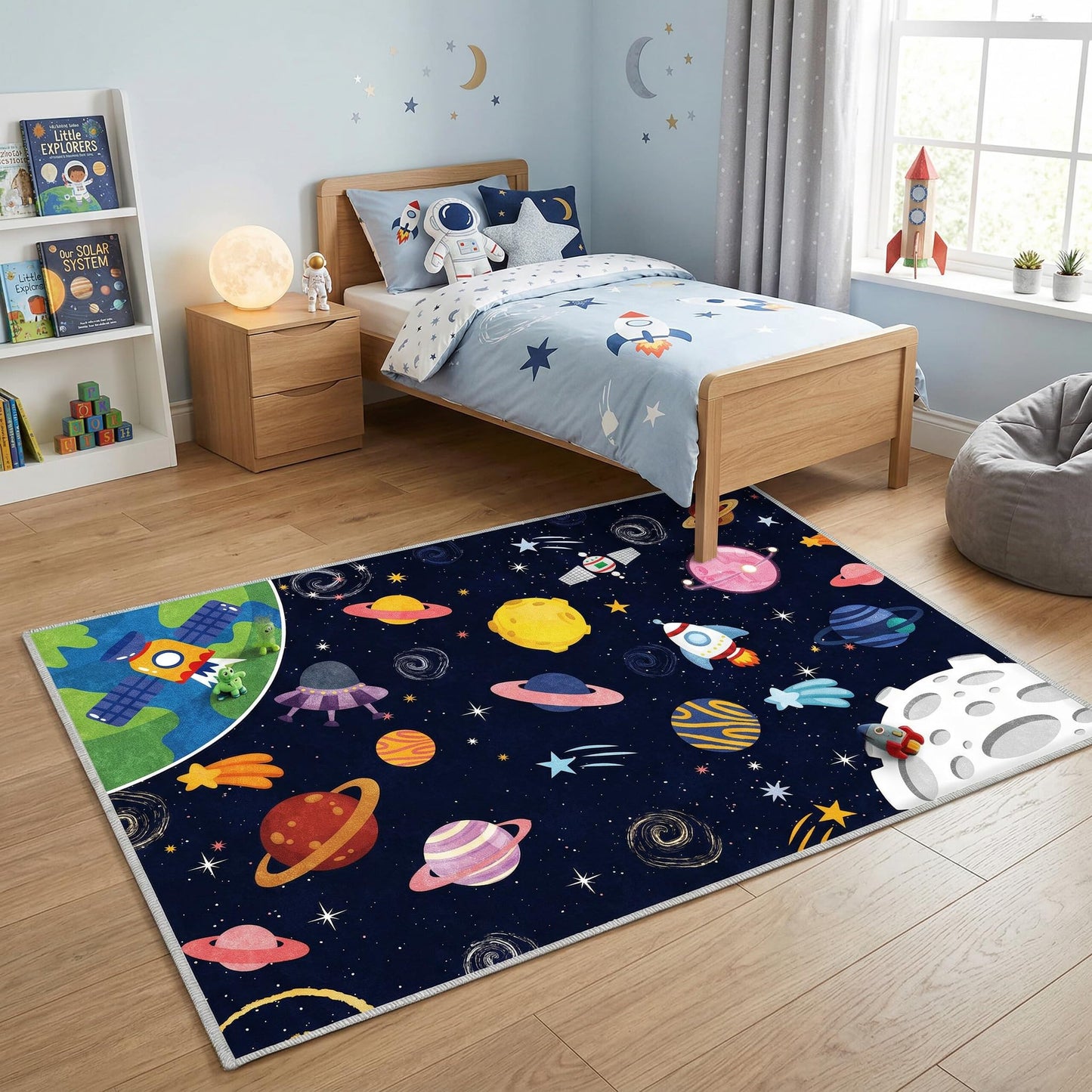 VNUVCOE Space Kids Car Rug Playmat Carpet, 31''x47'' Playroom Planet Rug for Playing Cars Toys, Educational Area Rugs for Bedroom Classroom Toddlers.