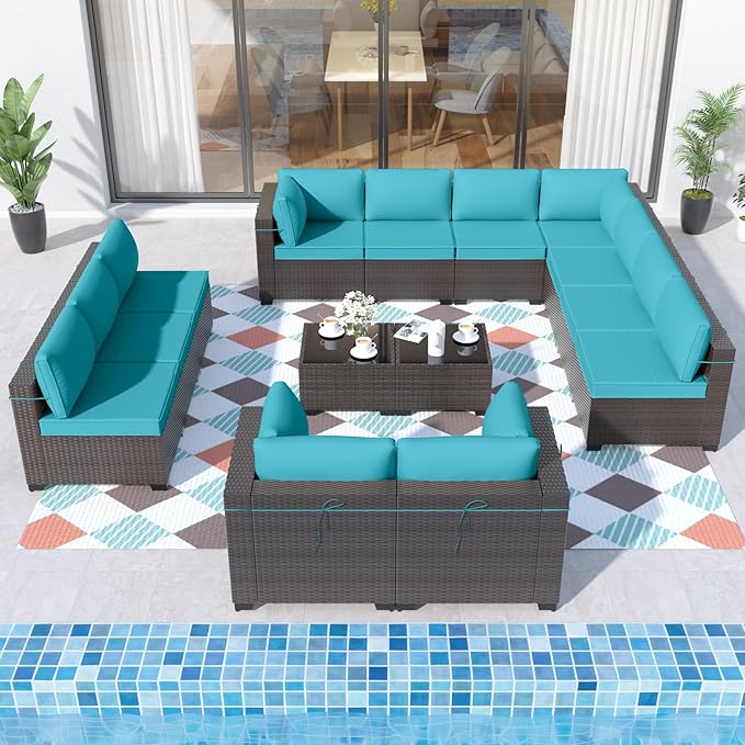 ALAULM 14 Pieces Outdoor Patio Furniture Set Sectional Sofa Sets Brown PE Rattan Patio Conversation Set w/12 Blue Seat Cushions and 2 Coffee Tables
