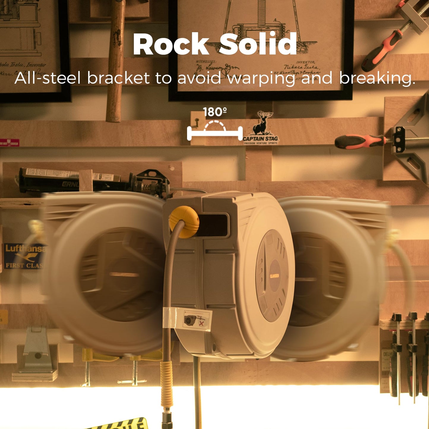 GLAHODEN Enclosed Retractable Air Hose Reel, 3/8 in x 50 Ft Hybrid Hose Air Compressor Hose Reel with 5 Ft Lead in Max 300 PSI Patented Design for Any Length Lock 180°Swivel Bracket Quick Coupler