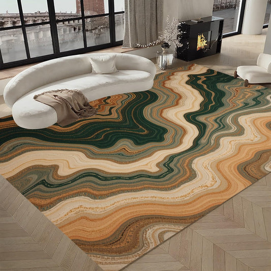 Retro Abstract Striped Marble Emerald Green Beige Brown Area Rug 8x10 Thin Non Shedding Unique Aesthetic Rugs for Bedroom Diningroom Farmhouse Guestroom Office Easy Clean Earth Tone Carpets