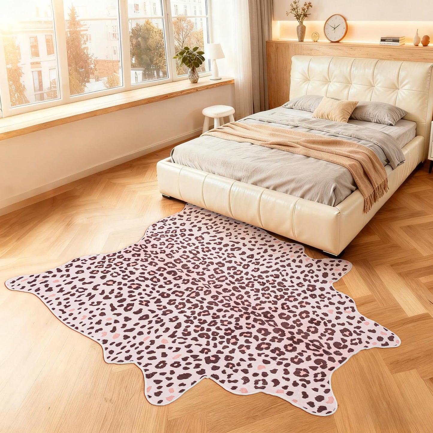 YulyreZome Leopard Rug, Cheetah Print Area Rug 4.6x5.2 Feet Faux Animal Print Skin Carpet for Living Room Bedroom Home Decor (Pink)