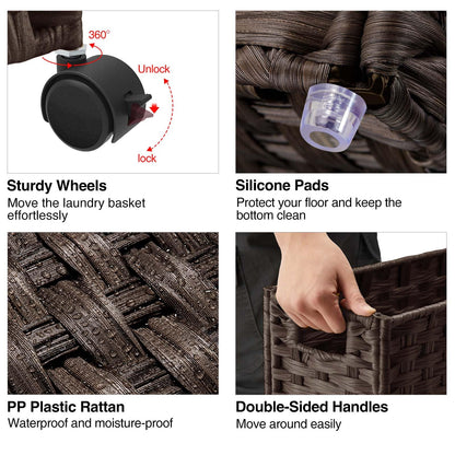 Greenstell Laundry Hamper with Wheels, 17.4 Gallon (66L) Slim Laundry Basket with 2 Removable Liner Bags & 2 Mesh Bags, Narrow Rattan Clothes Hamper for Bedroom, Laundry Room, Bathroom, Brown