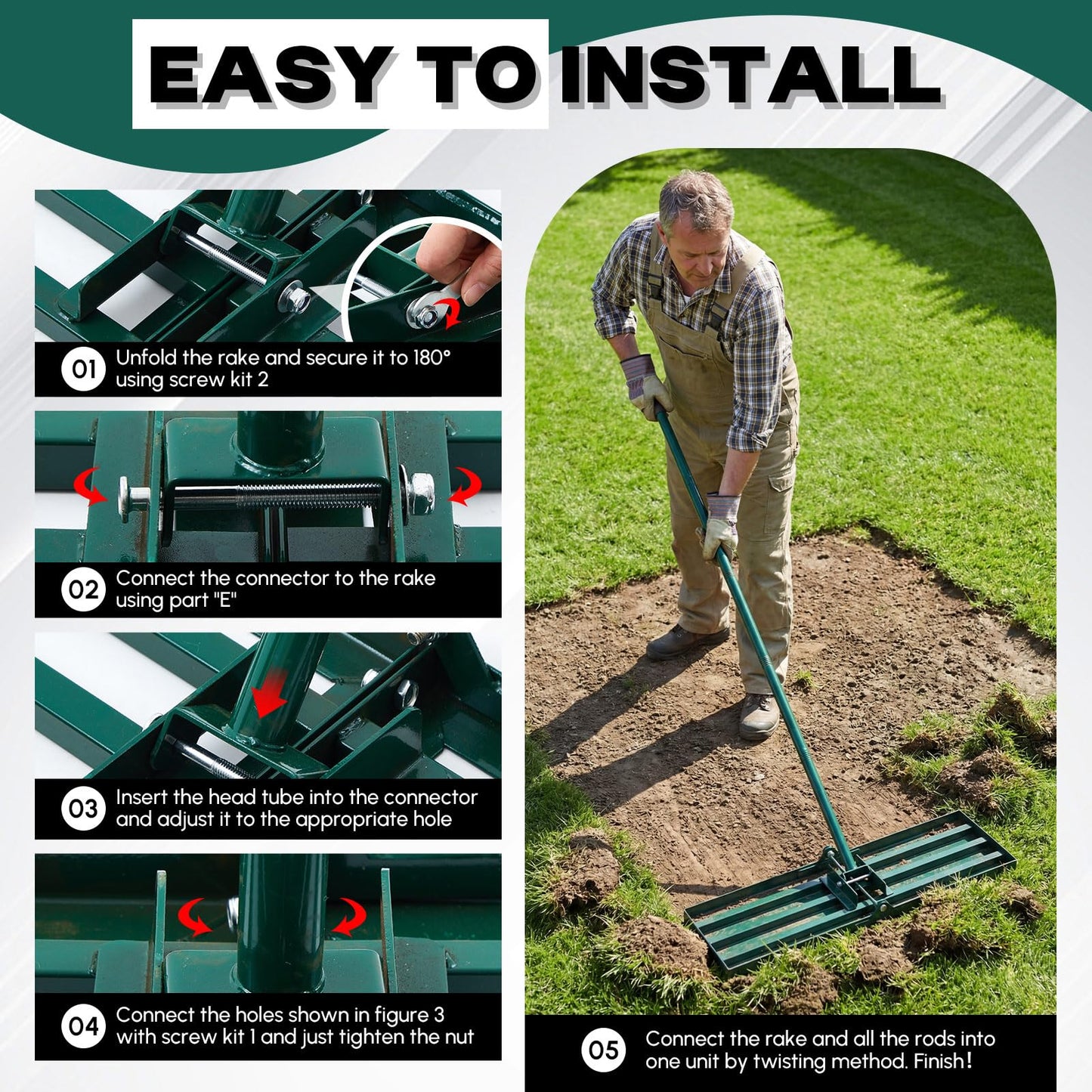 Gisafai Lawn Leveling Rake 30"x10" Heavy Duty Carbon Steel, 72" Adjustable Long Handle, Leveler Tool for Yard Garden Golf Course Soil Dirt Ground Surface Leveling