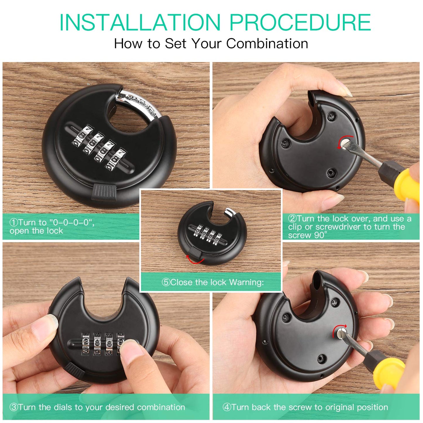 DELSWIN 4-Digit Disc Combination Lock Outdoor - Heavy Duty Combination Padlocks with Hardened Steel Shackle Weatherproof Combo Locks for Gates,Sheds,Fence,Storage Unit (3/8" Shackle, Black,2 Pcs)